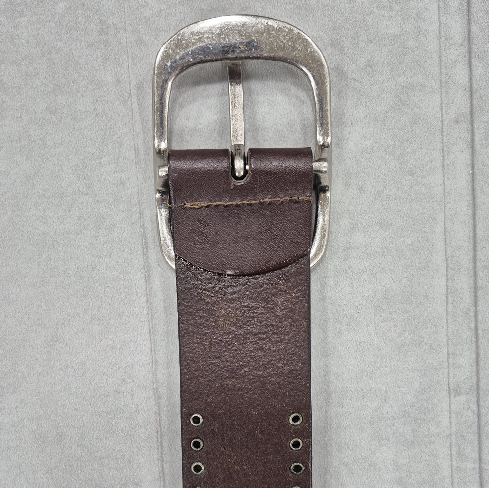 Calvin Klein belt women's large brown leather riveted studs silver logo buckle - Picture 4 of 15